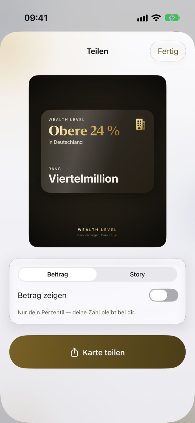 Teilen-Sheet: Karte mit Perzentil und Level, „Betrag zeigen“ ist aus.